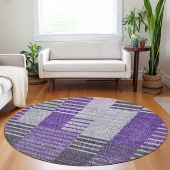 8' Purple Lavender And Eggplant Round Striped Washable Indoor Outdoor Area Rug