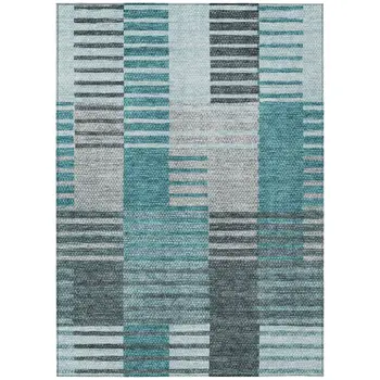 5' X 8' Teal Blue Aqua And Gray Striped Washable Indoor Outdoor Area Rug