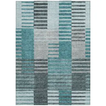 8' X 10' Teal Blue Aqua And Gray Striped Washable Indoor Outdoor Area Rug