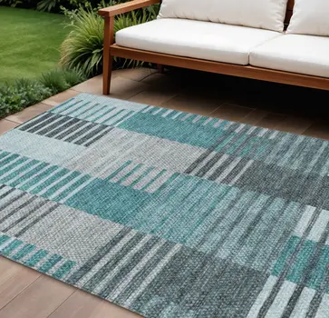 8' X 10' Teal Blue Aqua And Gray Striped Washable Indoor Outdoor Area Rug