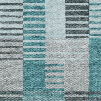 8' X 10' Teal Blue Aqua And Gray Striped Washable Indoor Outdoor Area Rug