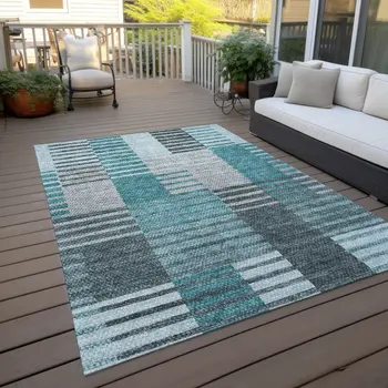 10' X 14' Teal Blue Aqua And Gray Striped Washable Indoor Outdoor Area Rug