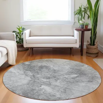 8' Gray Silver And Charcoal Round Nautical Washable Indoor Outdoor Area Rug