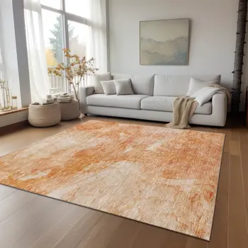 9' X 12' Salmon Peach And Ivory Nautical Washable Indoor Outdoor Area Rug