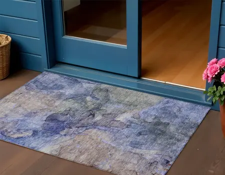 3' X 5' Navy Blue And Beige Abstract Washable Indoor Outdoor Area Rug