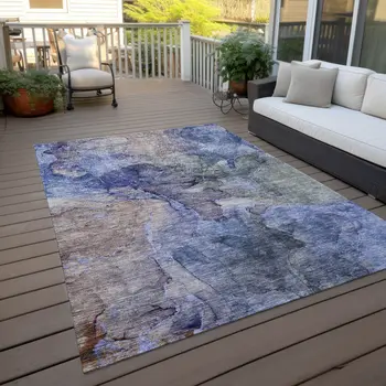 3' X 5' Navy Blue And Beige Abstract Washable Indoor Outdoor Area Rug