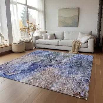 5' X 8' Navy Blue And Beige Abstract Washable Indoor Outdoor Area Rug