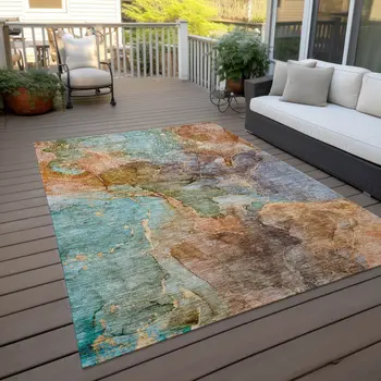 5' X 8' Copper Orange And Teal Blue Abstract Washable Indoor Outdoor Area Rug