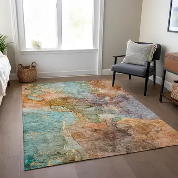 5' X 8' Copper Orange And Teal Blue Abstract Washable Indoor Outdoor Area Rug