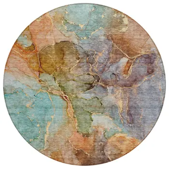 8' Copper Orange And Teal Blue Round Abstract Washable Indoor Outdoor Area Rug