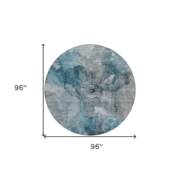 8' Teal Blue And Navy Blue Round Abstract Washable Indoor Outdoor Area Rug