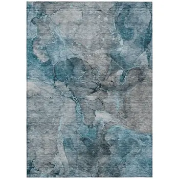 9' X 12' Teal Blue And Navy Blue Abstract Washable Indoor Outdoor Area Rug