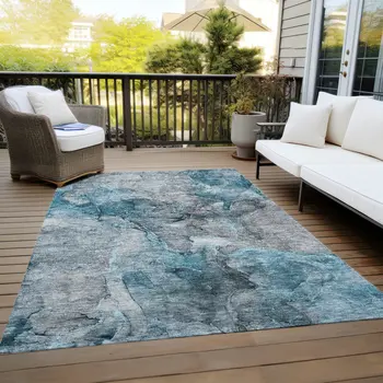 10' X 14' Teal Blue And Navy Blue Abstract Washable Indoor Outdoor Area Rug