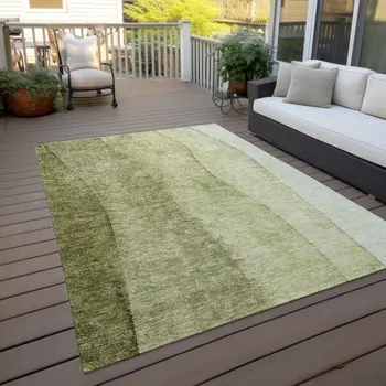 9' X 12' Olive Green And Artichoke Green Ombre Washable Indoor Outdoor Area Rug