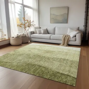 9' X 12' Olive Green And Artichoke Green Ombre Washable Indoor Outdoor Area Rug