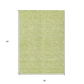 3' X 5' Artichoke Green And Ivory Floral Washable Indoor Outdoor Area Rug