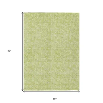 5' X 8' Artichoke Green And Ivory Floral Washable Indoor Outdoor Area Rug