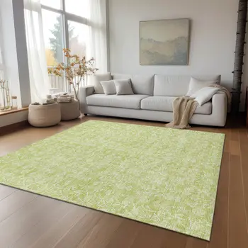 5' X 8' Artichoke Green And Ivory Floral Washable Indoor Outdoor Area Rug