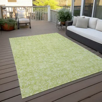 10' X 14' Artichoke Green And Ivory Floral Washable Indoor Outdoor Area Rug