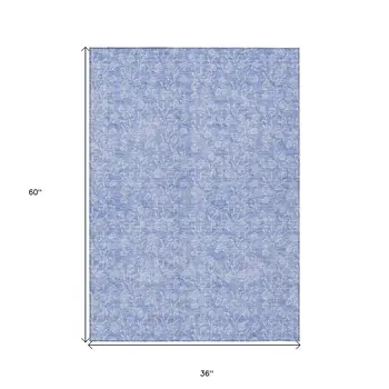 3' X 5' Denim Blue And Ivory Floral Washable Indoor Outdoor Area Rug