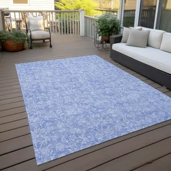 3' X 5' Denim Blue And Ivory Floral Washable Indoor Outdoor Area Rug