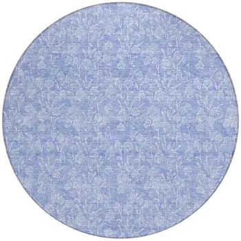 8' Denim Blue And Ivory Round Floral Washable Indoor Outdoor Area Rug
