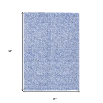8' X 10' Denim Blue And Ivory Floral Washable Indoor Outdoor Area Rug
