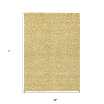 3' X 5' Gold And Ivory Floral Washable Indoor Outdoor Area Rug