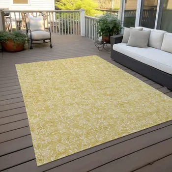 3' X 5' Gold And Ivory Floral Washable Indoor Outdoor Area Rug