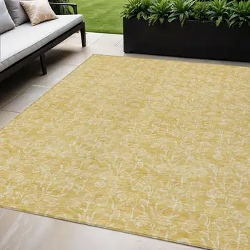 5' X 8' Gold And Ivory Floral Washable Indoor Outdoor Area Rug