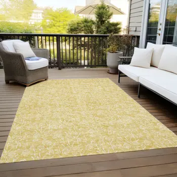 5' X 8' Gold And Ivory Floral Washable Indoor Outdoor Area Rug