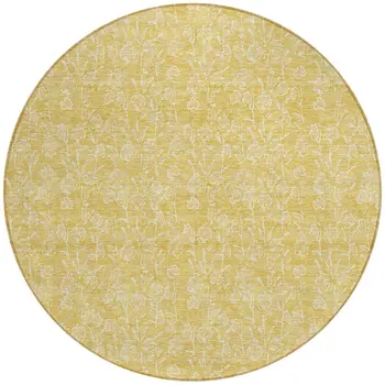 8' Gold And Ivory Round Floral Washable Indoor Outdoor Area Rug