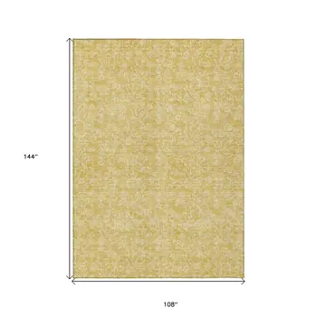 9' X 12' Gold And Ivory Floral Washable Indoor Outdoor Area Rug