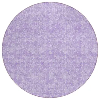8' Lilac And Ivory Round Floral Washable Indoor Outdoor Area Rug