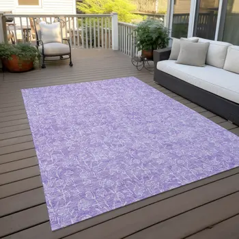 9' X 12' Lilac And Ivory Floral Washable Indoor Outdoor Area Rug
