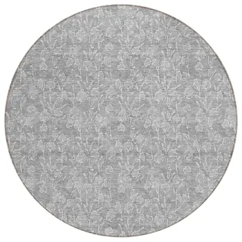 8' Silver And Ivory Round Floral Washable Indoor Outdoor Area Rug