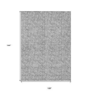 9' X 12' Silver And Ivory Floral Washable Indoor Outdoor Area Rug