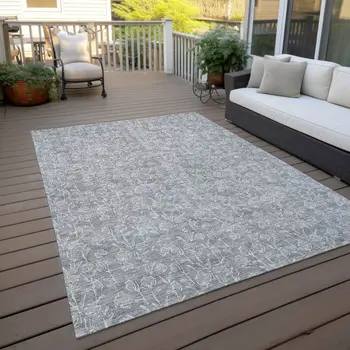9' X 12' Silver And Ivory Floral Washable Indoor Outdoor Area Rug