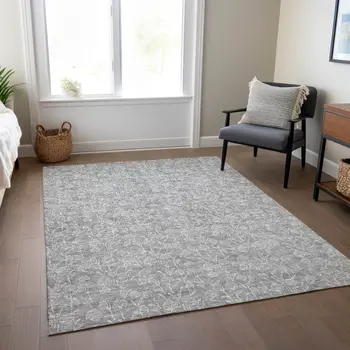 9' X 12' Silver And Ivory Floral Washable Indoor Outdoor Area Rug