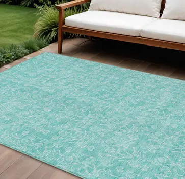 8' X 10' Teal Blue And Ivory Floral Washable Indoor Outdoor Area Rug