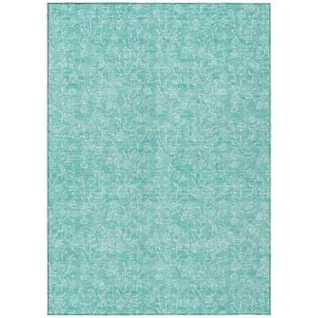 8' X 10' Teal Blue And Ivory Floral Washable Indoor Outdoor Area Rug