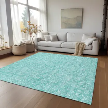 8' X 10' Teal Blue And Ivory Floral Washable Indoor Outdoor Area Rug