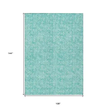 9' X 12' Teal Blue And Ivory Floral Washable Indoor Outdoor Area Rug