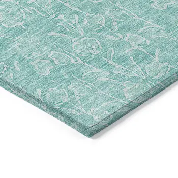 9' X 12' Teal Blue And Ivory Floral Washable Indoor Outdoor Area Rug