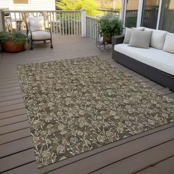 3' X 5' Brown And Ivory Floral Washable Indoor Outdoor Area Rug