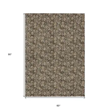 5' X 8' Brown And Ivory Floral Washable Indoor Outdoor Area Rug