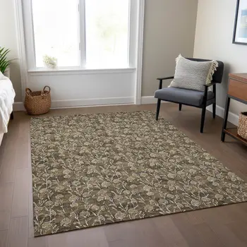 5' X 8' Brown And Ivory Floral Washable Indoor Outdoor Area Rug