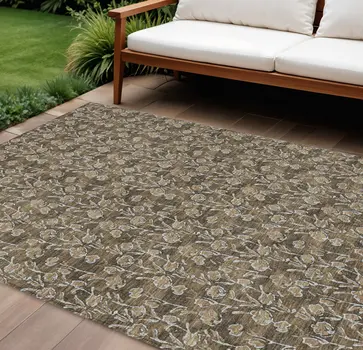 8' X 10' Brown And Ivory Floral Washable Indoor Outdoor Area Rug
