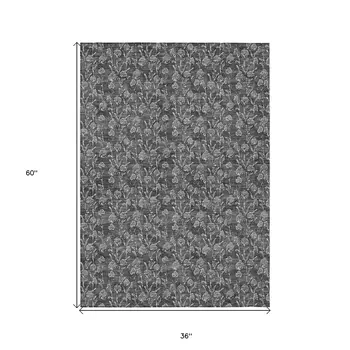 3' X 5' Gray Charcoal And Silver Floral Washable Indoor Outdoor Area Rug