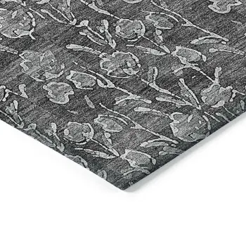 3' X 5' Gray Charcoal And Silver Floral Washable Indoor Outdoor Area Rug